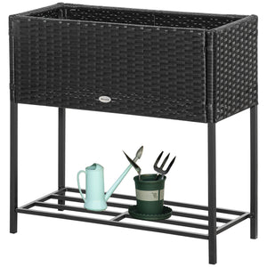 Modern Elevated Metal Raised Garden Bed with Rattan Wicker Look, Underneath Tool Storage Rack, Black