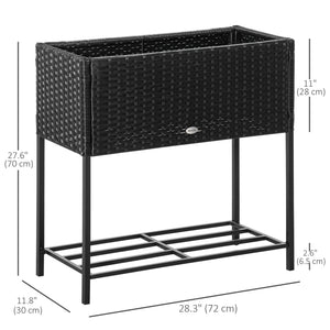 Modern Elevated Metal Raised Garden Bed with Rattan Wicker Look, Underneath Tool Storage Rack, Black