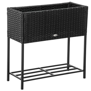 Outsunny Raised Garden Bed, Elevated Planter Box with Rattan Wicker Look, Tool Storage Shelf, Portable Design for Herbs, Vegetables, Flowers, Black