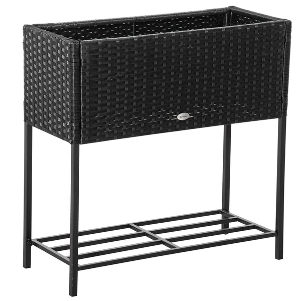 Modern Elevated Metal Raised Garden Bed with Rattan Wicker Look, Underneath Tool Storage Rack, Black