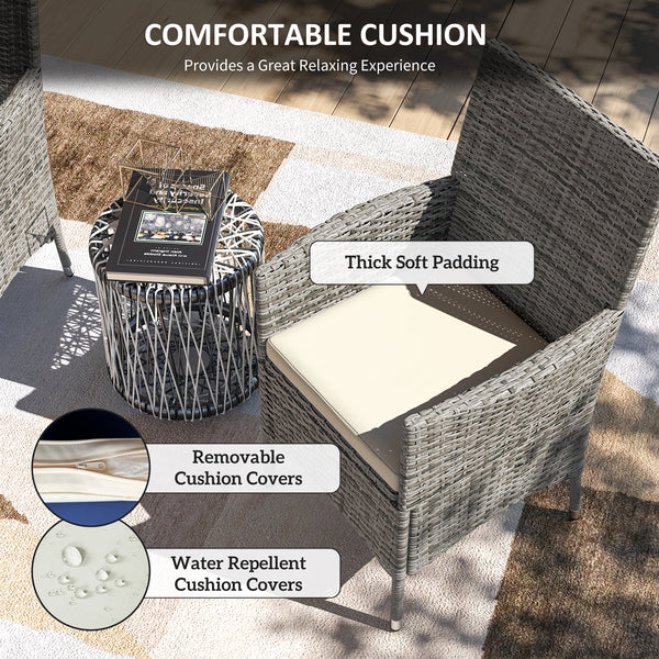 2 Pieces Outdoor PE Rattan Dining Chairs Set with Cushion, Garden Armchair with Armrests, High Backrest, Metal Frame Patio Wicker Furniture, Mixed Grey