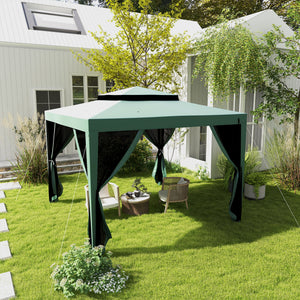 10' x 10' Canopy Tent, Party Tent with Mesh Netting and Double Tier Roof for Backyard, Garden, Patio, Outdoor, Green