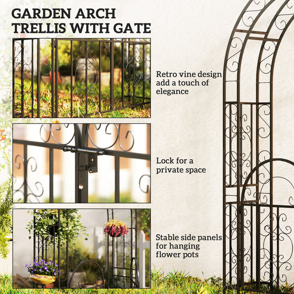 7.4ft Steel Garden Arch with Gate, Garden Arbor Trellis for Climbing Plants, Roses, Vines, Wedding Arch Stand for Outdoor, Garden, Lawn, Backyard, Black