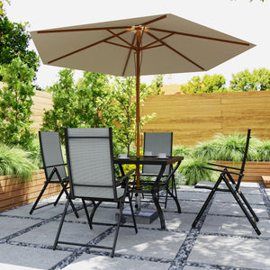 5 Pieces Garden Dining Set, 4 Seater Garden Furniture Set with Parasol Hole, Outdoor Dining Set with High Back Folding Chairs and Square Metal Top Table for Outdoor Patio, Grey