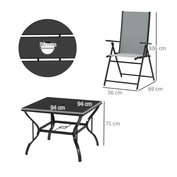 5 Pieces Garden Dining Set, 4 Seater Garden Furniture Set with Parasol Hole, Outdoor Dining Set with High Back Folding Chairs and Square Metal Top Table for Outdoor Patio, Grey