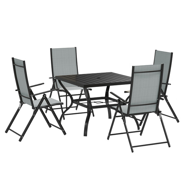 5 Pieces Garden Dining Set, 4 Seater Garden Furniture Set with Parasol Hole, Outdoor Dining Set with High Back Folding Chairs and Square Metal Top Table for Outdoor Patio, Grey