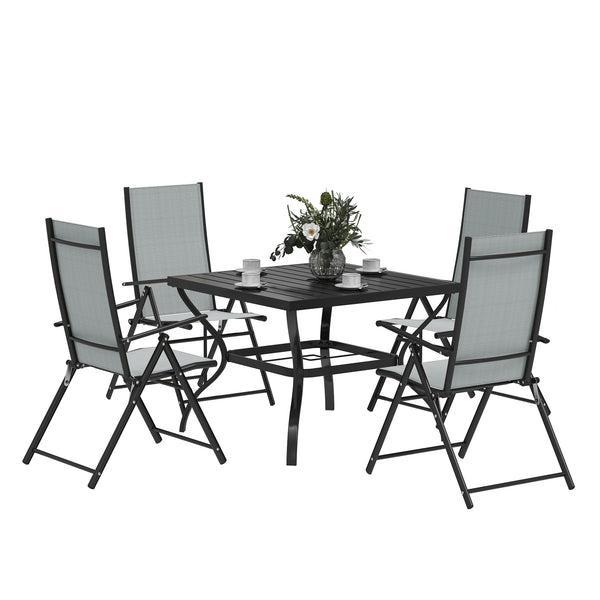 5 Pieces Garden Dining Set, 4 Seater Garden Furniture Set with Parasol Hole, Outdoor Dining Set with High Back Folding Chairs and Square Metal Top Table for Outdoor Patio, Grey