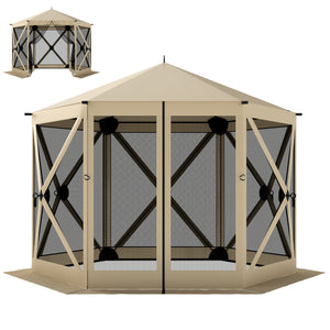 10 x 11 ft Pop Up Gazebo Screen Tent, Outdoor Portable Instant Camping Canopy Screen House Sun Shelter with Mesh Nettings, Carry Bag, Ground Stakes, Ropes for Patio, Backyard, Beige