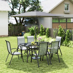 8 Pieces Patio Table and Chairs Set with 9 Ft Patio Umbrella, Outdoor Dining Set with 4.6 Ft Dining Table and 6 Chairs, Push Button Tilt and Crank Parasol, Tempered Glass Top, Mixed Gray