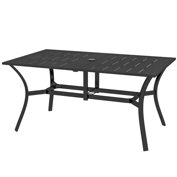 Rectangle Garden Table with Parasol Hole, Outdoor Dining Table for 6, Patio Table with Steel Frame and Slat Tabletop for Balcony, 150cm x 90cm, Black