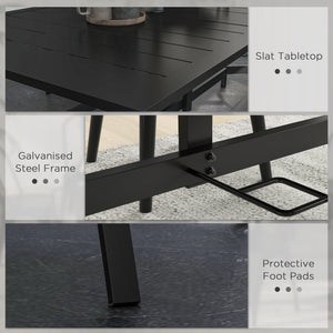 Rectangle Garden Table with Parasol Hole, Outdoor Dining Table for 6, Patio Table with Steel Frame and Slat Tabletop for Balcony, 150cm x 90cm, Black