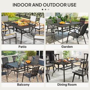 Outdoor Dining Table with Umbrella Hole, Rectangular Patio Dining Table for 6 with Steel Frame and Slatted Steel Top for Garden, Balcony, Black
