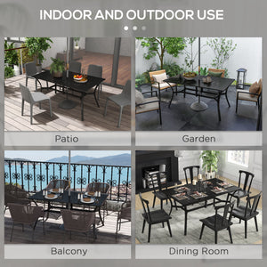 Rectangle Garden Table with Parasol Hole, Outdoor Dining Table for 6, Patio Table with Steel Frame and Slat Tabletop for Balcony, 150cm x 90cm, Black