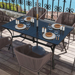 Rectangle Garden Table with Parasol Hole, Outdoor Dining Table for 6, Patio Table with Steel Frame and Slat Tabletop for Balcony, 150cm x 90cm, Black