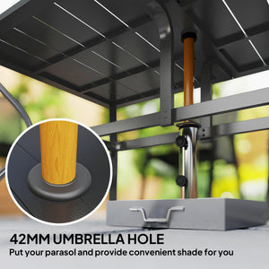 Outdoor Dining Table with Umbrella Hole, Rectangular Patio Dining Table for 6 with Steel Frame and Slatted Steel Top for Garden, Balcony, Black