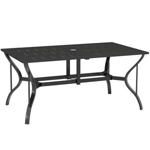 Outdoor Dining Table with Umbrella Hole, Rectangular Patio Dining Table for 6 with Steel Frame and Slatted Steel Top for Garden, Balcony, Black