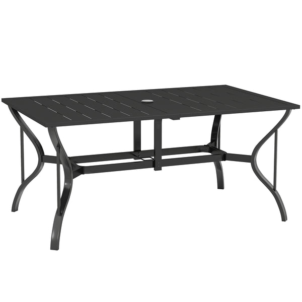 Outdoor Dining Table with Umbrella Hole, Rectangular Patio Dining Table for 6 with Steel Frame and Slatted Steel Top for Garden, Balcony, Black