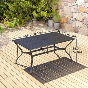 Outdoor Dining Table with Umbrella Hole, Rectangular Patio Dining Table for 6 with Steel Frame and Slatted Steel Top for Garden, Balcony, Black