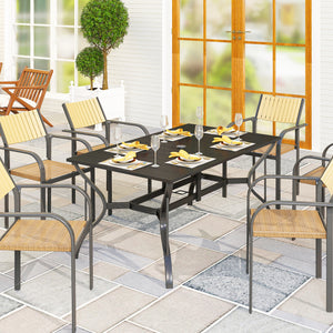 Outdoor Dining Table with Umbrella Hole, Rectangular Patio Dining Table for 6 with Steel Frame and Slatted Steel Top for Garden, Balcony, Black