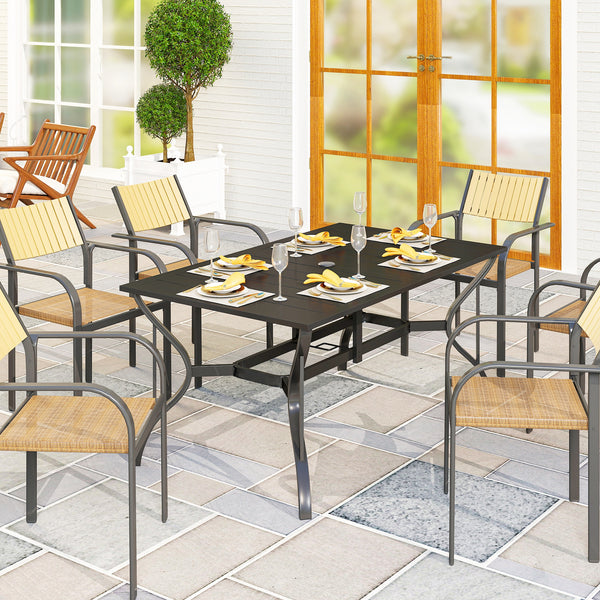 Outdoor Dining Table with Umbrella Hole, Rectangular Patio Dining Table for 6 with Steel Frame and Slatted Steel Top for Garden, Balcony, Black
