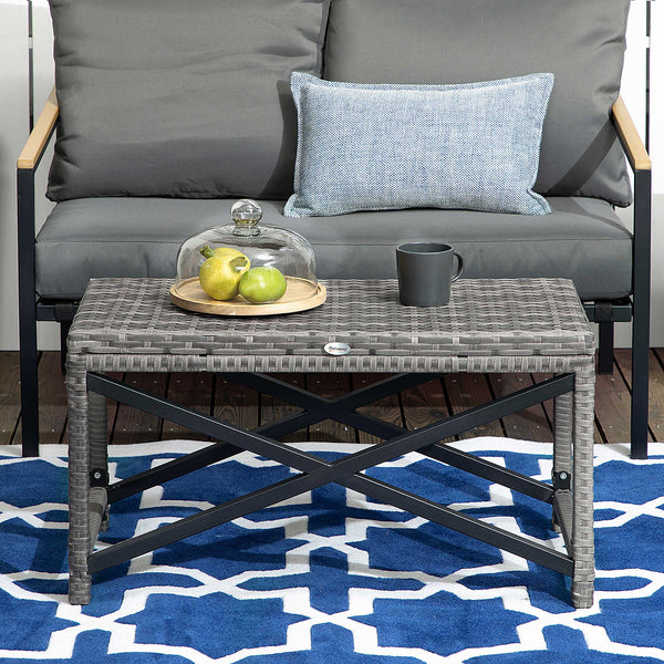 Patio Wicker End Table, Outdoor PE Rattan Side Table, with Plastic Board Under the Full Woven Table Top for Patio, Garden, Balcony, Mixed Gray