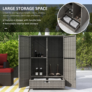 Outsunny Wicker Outdoor Storage Cabinet with Shelves, 2-Door Rattan Pool Towel Storage Cabinet with Removable Shelf & Drawer, Outdoor Towel Storage Cabinet for Garden, Backyard, Porch, Dark Gray