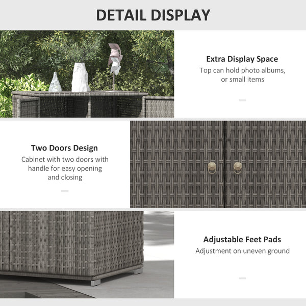 Wicker Outdoor Storage Cabinet with Shelves, 2-Door Rattan Pool Towel Storage Cabinet with Drawer & Removable Shelf, Pool Storage Organizer for Garden, Porch, Dark Grey