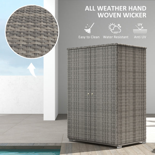 Wicker Outdoor Storage Cabinet with Shelves, 2-Door Rattan Pool Towel Storage Cabinet with Drawer & Removable Shelf, Pool Storage Organizer for Garden, Porch, Dark Grey