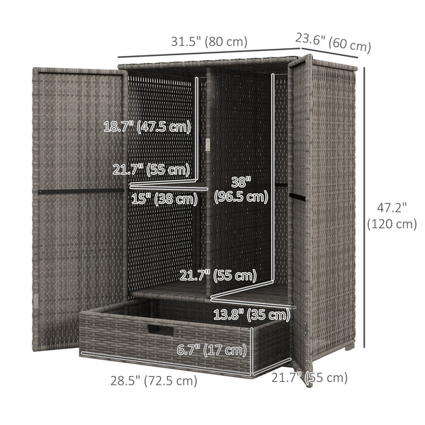 Wicker Outdoor Storage Cabinet with Shelves, 2-Door Rattan Pool Towel Storage Cabinet with Drawer & Removable Shelf, Pool Storage Organizer for Garden, Porch, Dark Grey