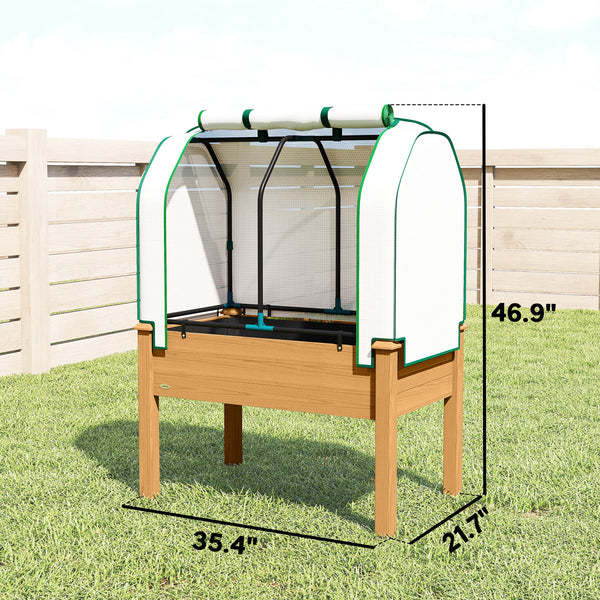 Raised Garden Bed with PE Greenhouse Cover Outdoor Elevated Wood Planter Box for Herbs and Vegetables, Use for Patio, Backyard, Balcony, 35 x 22 x 47 inch, Sand