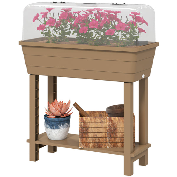 41L Self Watering Raised Garden Bed with Ventilation Transparent Lid Greenhouse, Storage Shelf, Planter Box with Water Level Indicator, 29.5" x 14.2" x 36.2", Brown