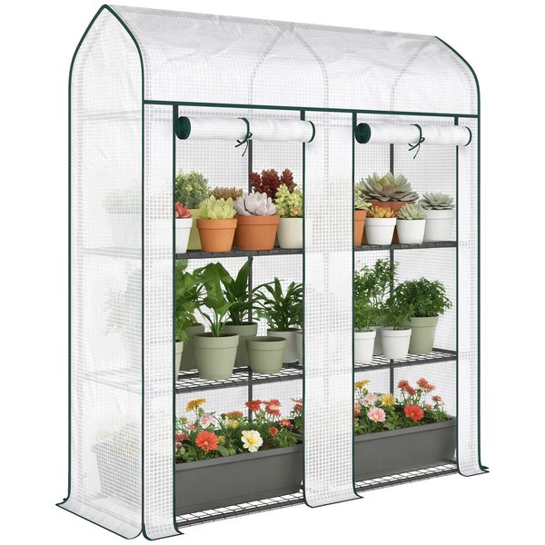 3 Tier Mini Greenhouse, 56.3" x 18.1" x 65" Small Portable Greenhouse with 2 Roll-up Doors, Garden Plant Growhouse with PE Cover for Indoor Outdoor, White