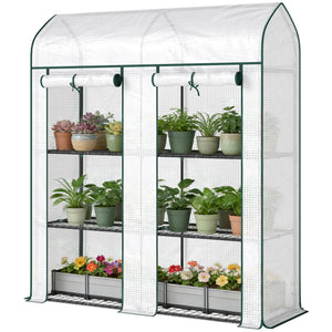 3 Tier Mini Greenhouse, 56.3" x 18.1" x 65" Small Portable Greenhouse with 2 Roll-up Doors, Garden Plant Growhouse with PE Cover for Indoor Outdoor, White