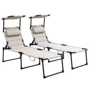 2 Pieces Outdoor Lounge Chair, Adjustable Backrest Folding Chaise Lounge, Cushioned Tanning Chair with Sunshade Roof & Pillow Headrest for Beach, Camping, Hiking, Cream White