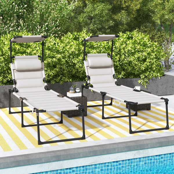 2 Pieces Outdoor Lounge Chair, Adjustable Backrest Folding Chaise Lounge, Cushioned Tanning Chair with Sunshade Roof & Pillow Headrest for Beach, Camping, Hiking, Cream White