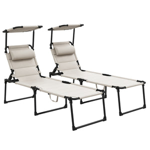 2 Pieces Outdoor Lounge Chair, Adjustable Backrest Folding Chaise Lounge, Cushioned Tanning Chair with Sunshade Roof & Pillow Headrest for Beach, Camping, Hiking, Cream White