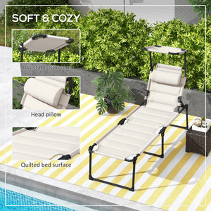 2 Pieces Outdoor Lounge Chair, Adjustable Backrest Folding Chaise Lounge, Cushioned Tanning Chair with Sunshade Roof & Pillow Headrest for Beach, Camping, Hiking, Cream White