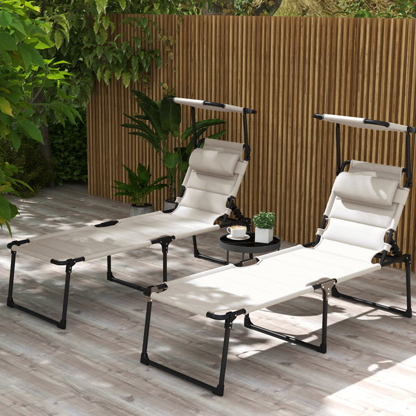 2 Pieces Outdoor Lounge Chair, Adjustable Backrest Folding Chaise Lounge, Cushioned Tanning Chair with Sunshade Roof & Pillow Headrest for Beach, Camping, Hiking, Cream White