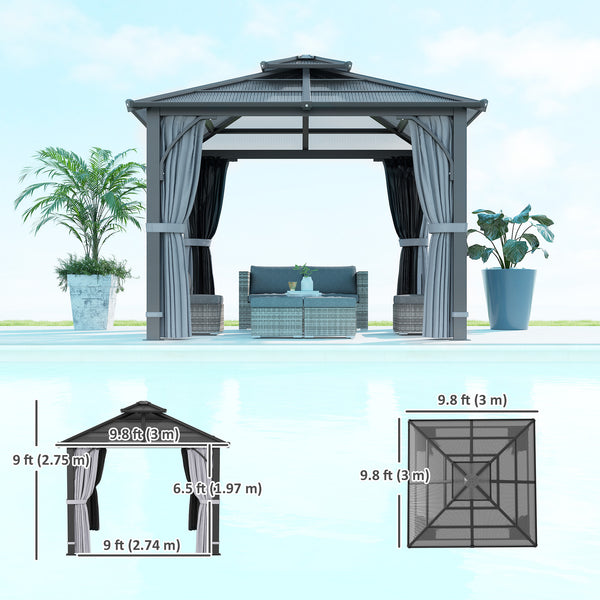 10' x 10' Hardtop Gazebo Canopy with 7mm Double Polycarbonate Roof, Outdoor Gazebo Permanent Pavilion with Netting and Curtains for Patio, Garden, Backyard, Lawn, Deck