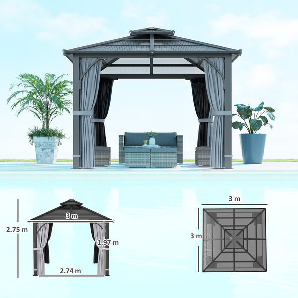 3 x 3(m) Hardtop Gazebo Canopy with 7mm Double Polycarbonate Roof, Garden Gazebo Permanent Pavilion with Mosquito Netting and Curtains for Patio, Deck, Dark Grey