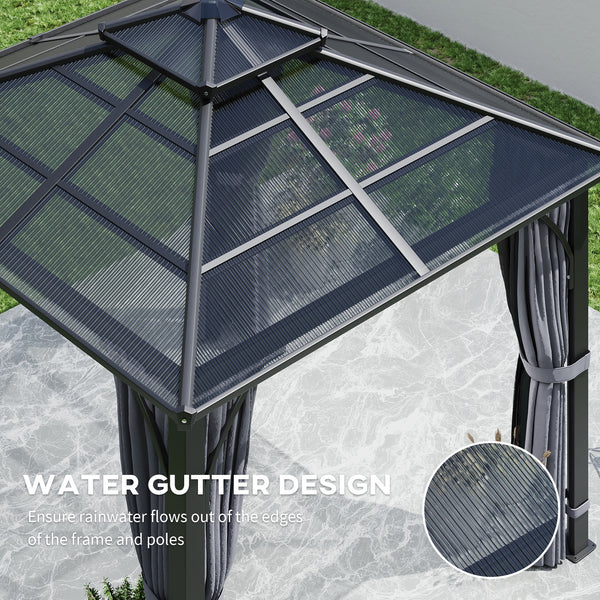 3 x 3(m) Hardtop Gazebo Canopy with 7mm Double Polycarbonate Roof, Garden Gazebo Permanent Pavilion with Mosquito Netting and Curtains for Patio, Deck, Dark Grey