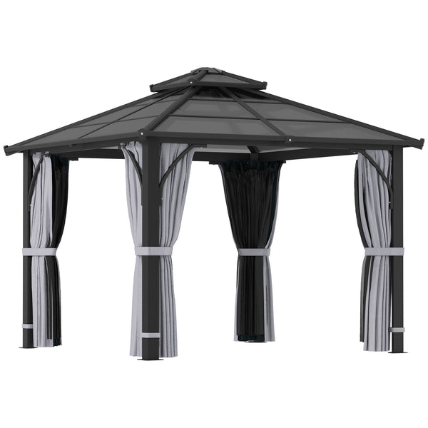 10' x 10' Hardtop Gazebo Canopy with 7mm Double Polycarbonate Roof, Outdoor Gazebo Permanent Pavilion with Netting and Curtains for Patio, Garden, Backyard, Lawn, Deck