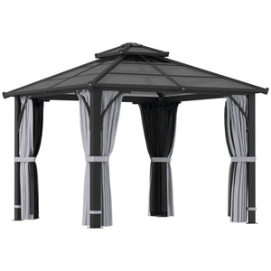 10' x 10' Hardtop Gazebo Canopy with 7mm Double Polycarbonate Roof, Outdoor Gazebo Permanent Pavilion with Netting and Curtains for Patio, Garden, Backyard, Lawn, Deck