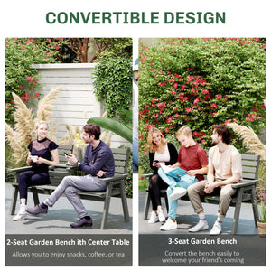 2 Seater Wooden Garden Bench with Convertible Middle Table, Outdoor Three-Seater Bench for Patio, Park, Porch, Grey