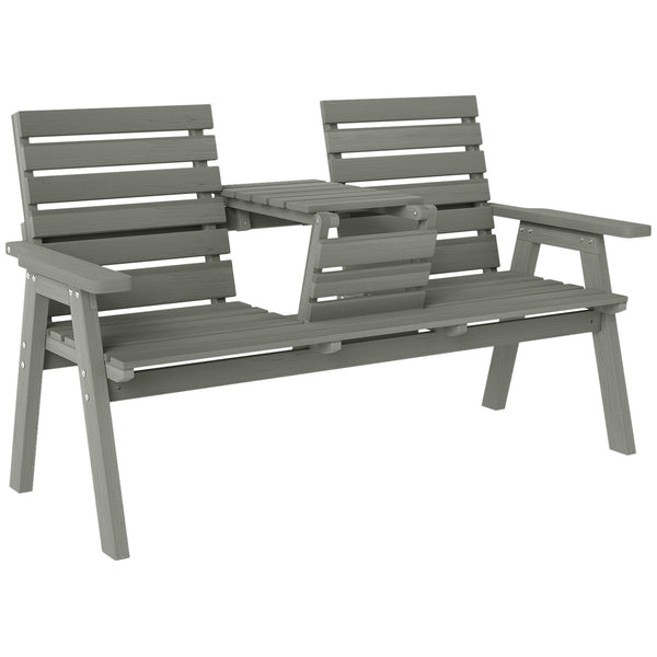 2 Seater Wooden Garden Bench with Convertible Middle Table, Outdoor Three-Seater Bench for Patio, Park, Porch, Grey