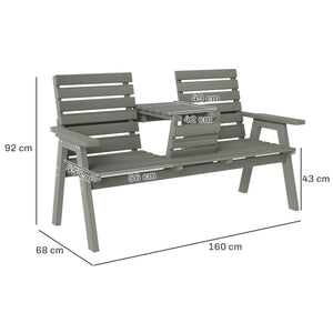 2 Seater Wooden Garden Bench with Convertible Middle Table, Outdoor Three-Seater Bench for Patio, Park, Porch, Grey