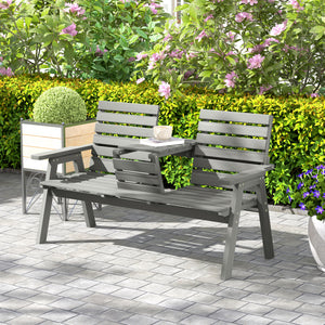 2 Seater Wooden Garden Bench with Convertible Middle Table, Outdoor Three-Seater Bench for Patio, Park, Porch, Grey