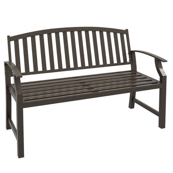 Garden Bench, Outdoor Metal Bench with Slatted Seat and Backrest, Curved Armrest, for Conservatory, Garden, Poolside, Deck, Brown