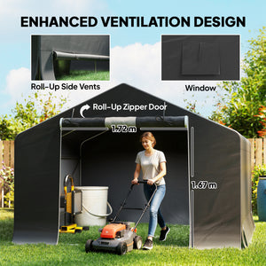10' x 10' Portable Shed, Waterproof Bike Tent with Roll-up Zipper Door, Reinforced Galvanised Metal Frame, Outdoor Storage Shed for Bike Motorcycle Garden Tool, Dark Grey