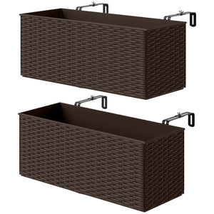 2 Pack Railing Planter Box, 20 Inch Hanging Flower Pots with Hooks and Drainage Hole, Rectangular Planters for Fence, Balcony, Garden, Patio, Rattan Look, Brown